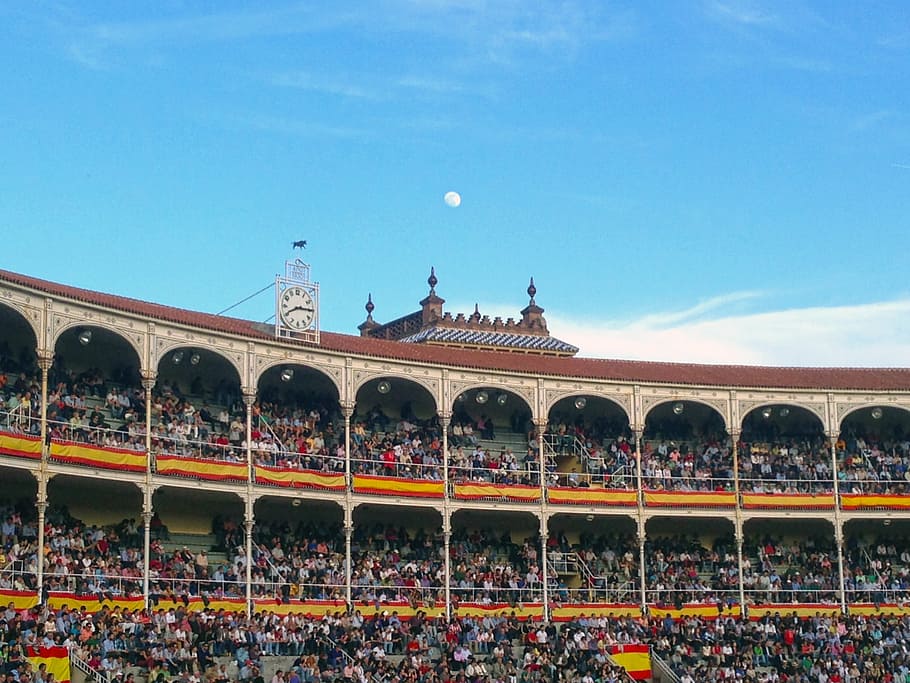 brown, concrete, stadium, filled, crowd, daytime, bullring, moon, spanish flag, clock