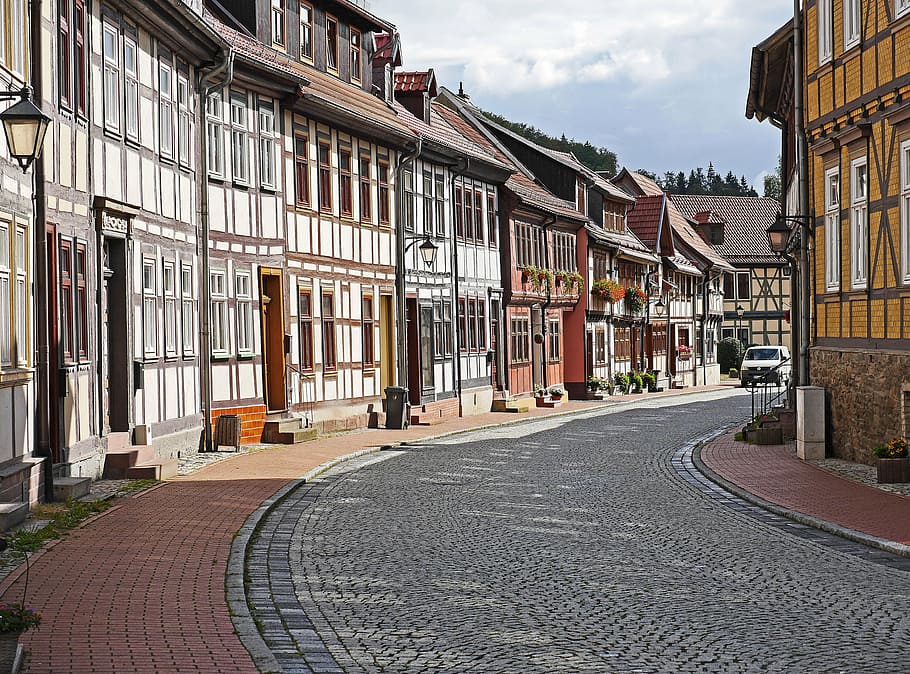 gray, concrete, pavement, houses, truss, historically, stolberg, resin, local transit, paving