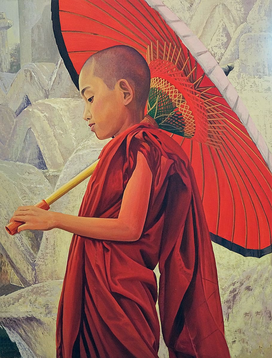 art, young, monk, buddhist, religion, buddhism, myanmar, umbrella, belief, spirituality