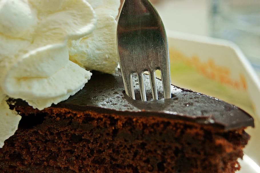 slice, brownies, stainless, steel forkl, sacher cake, cake, sweet dish, chocolate cake, calories, chocolate
