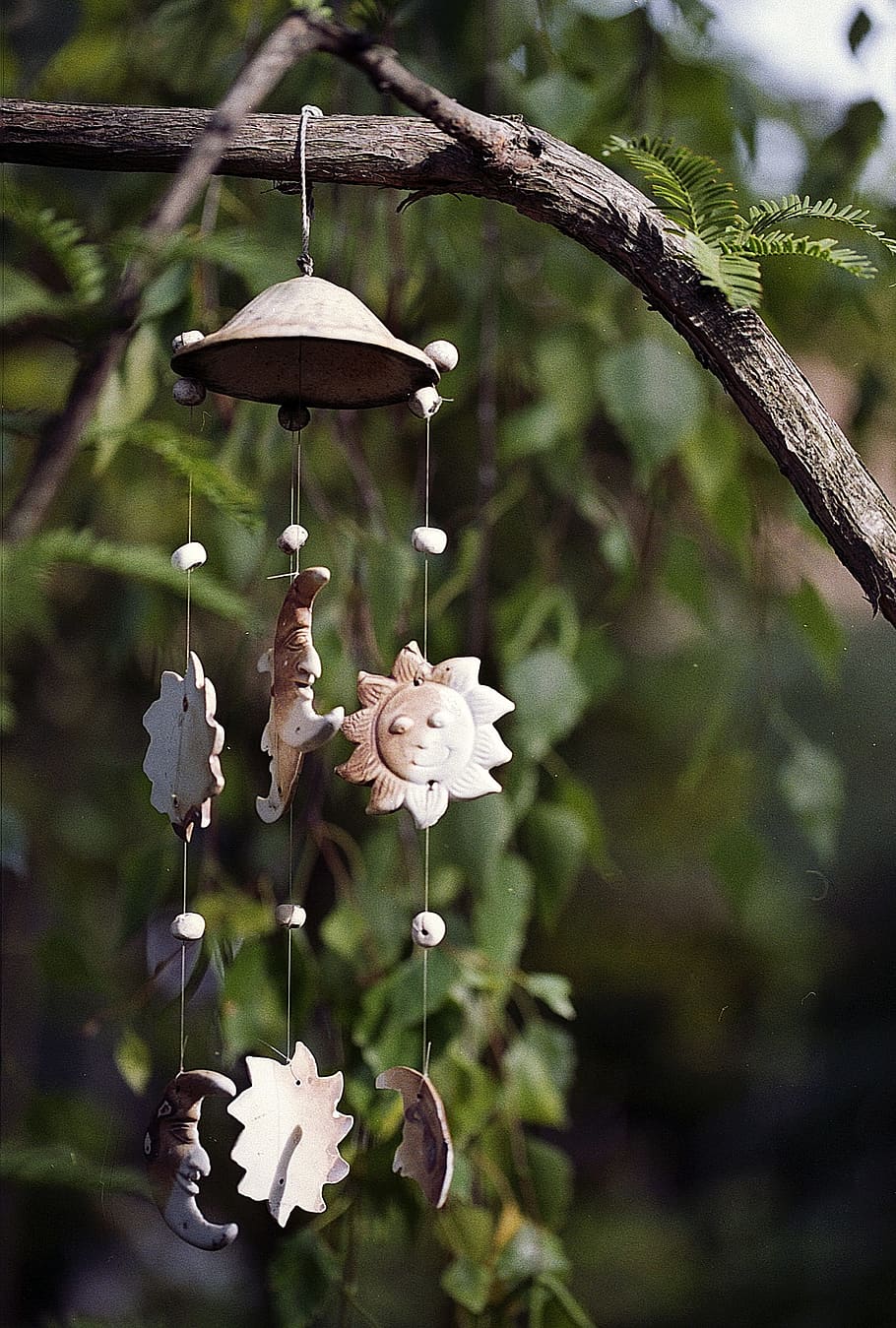 wind chime, tree, sun, moon, clay, wind, chime, nature, sound, music