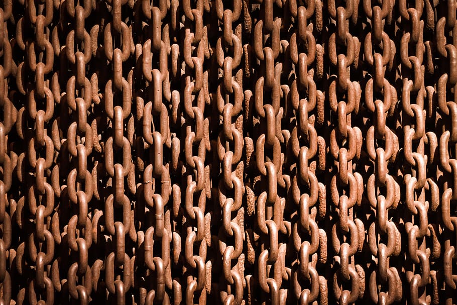 brown, metal chain lot, chain, rust, past, bondage, history, backgrounds, full frame, large group of objects