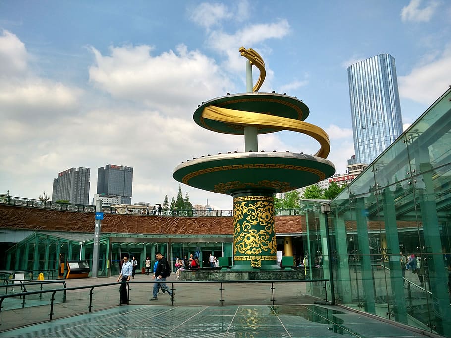 Tianfu Square, Chengdu, Sichuan, China, photos, public domain, square, statue, structure, tianfu