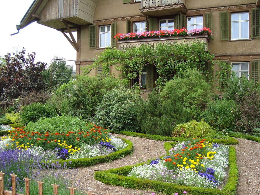assorted-color-and-variety, flowers, garden, sumiswald, farmhouse, berner garden, cottage garden, berner home, plant, architecture