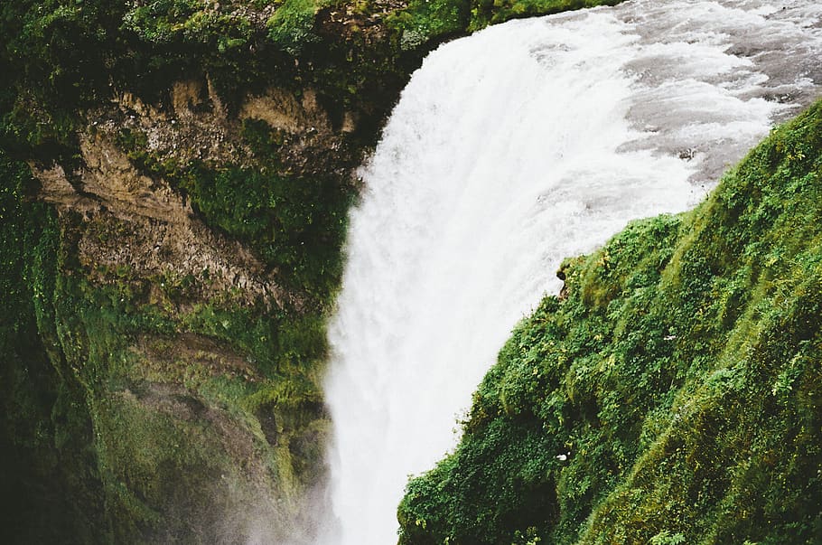 waterfall, mist, cliff, rocks, green, grass, river, stream, water, beauty in nature