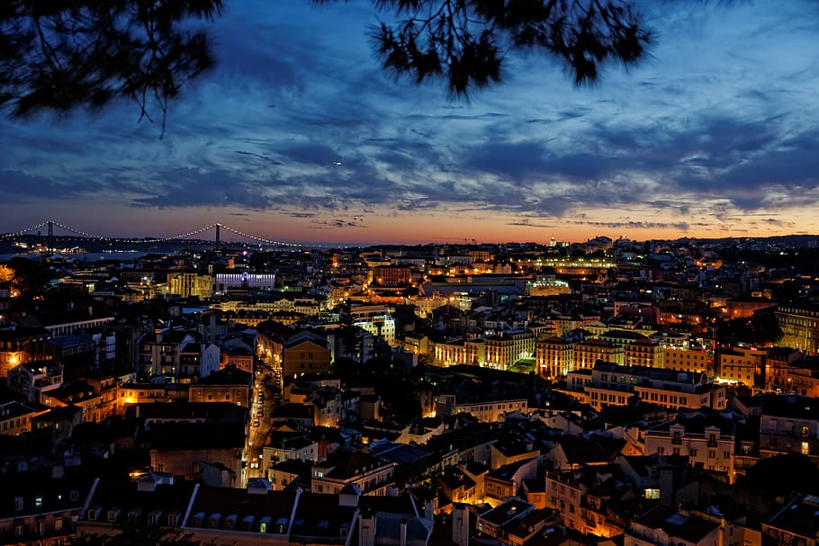 buildings, lights, pale, evening sky, Lisbon, Portugal, Old Town, Night, historically, city