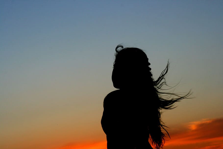 woman, staring, sky, sunset, girl, shadow, wind, silhouette, cloud, one person