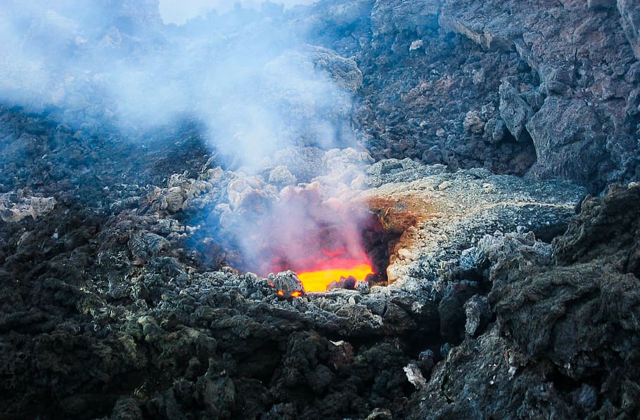 volcano lava, surrounded, rock, daytime, volcano, etna, italy, sicily, etna volcano, mountain