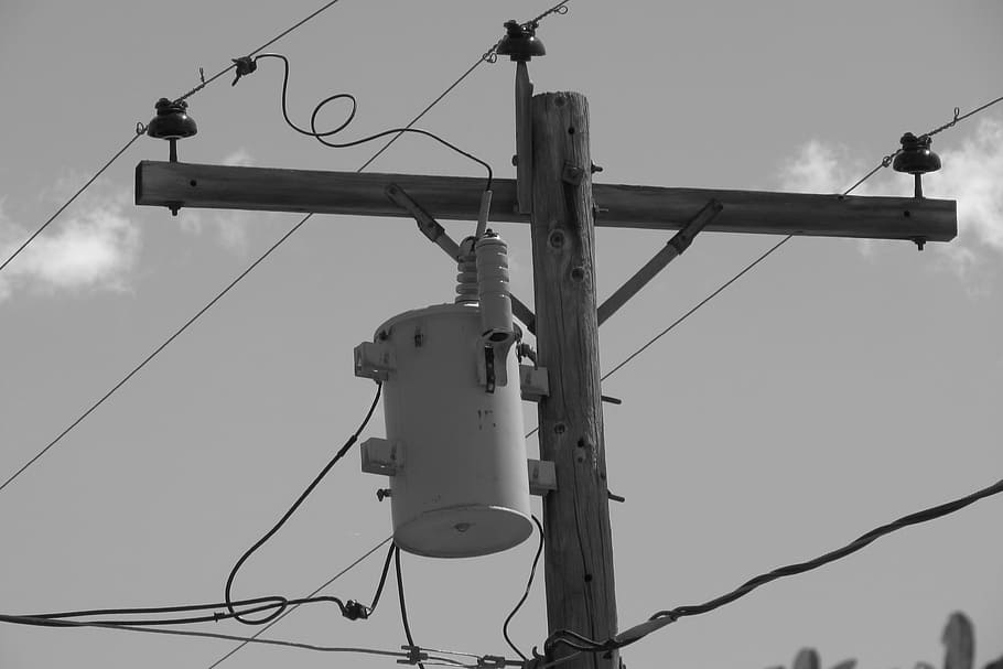 Telephone Pole, Transformer, Electricity, urban, cable, war, military, day, outdoors, sky