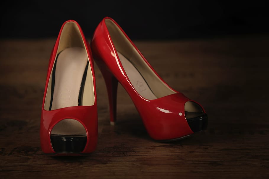 pair, women, red, pumps, parquet, shoes, women's shoes, clothing, laminate, high heeled shoes
