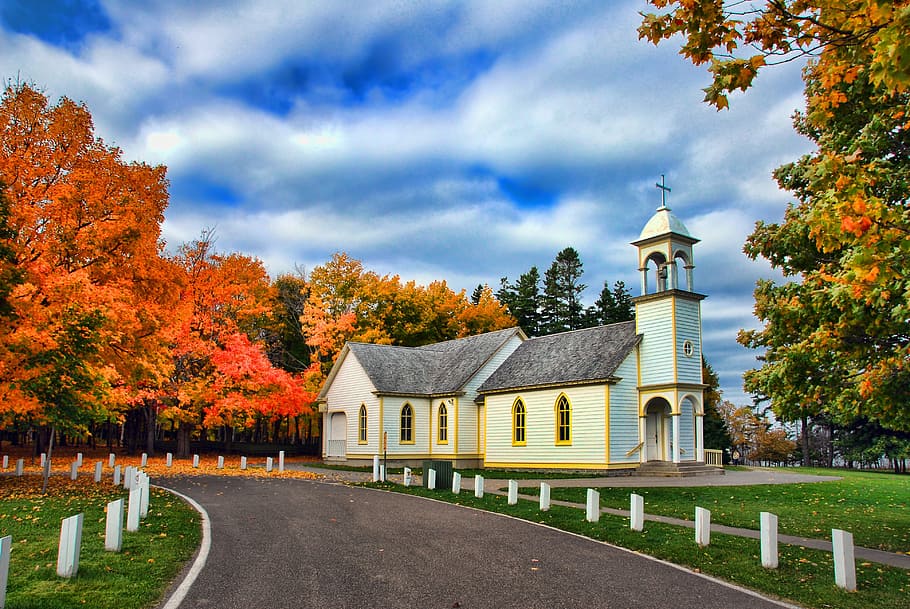 árbol, otoño, al aire libre, arquitectura, iglesia, cielo, Canadá, Nuevo Brunswick, temporada, estructura construida