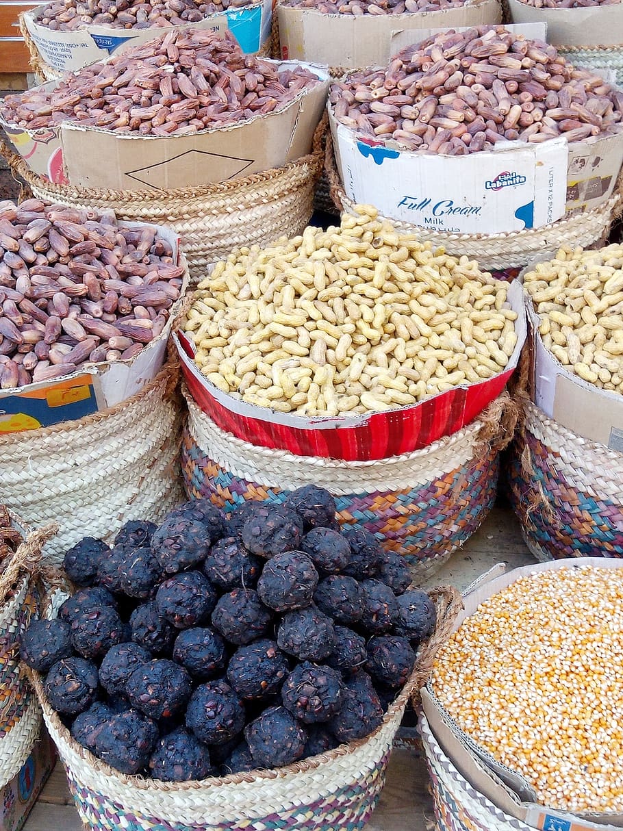 pasar oriental, pajangan, kacang tanah, kurma, makanan, kering, biji-bijian, pasar, carcadeh, makanan dan minuman