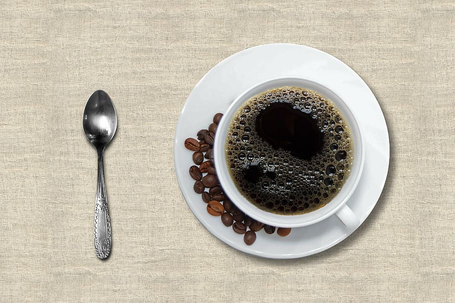white, ceramic, teacup, saucer, silver spoon, coffee, cup and saucer, black coffee, tea spoon, teaspoon