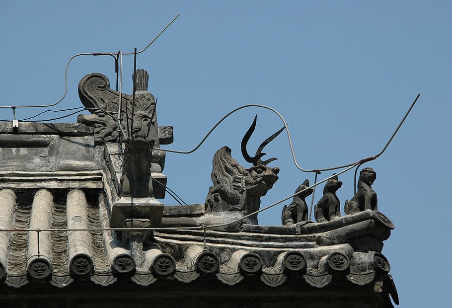 Pekin, Beijing, Techo, Ornamento, China, techado, historia, representación animal, día, estatua