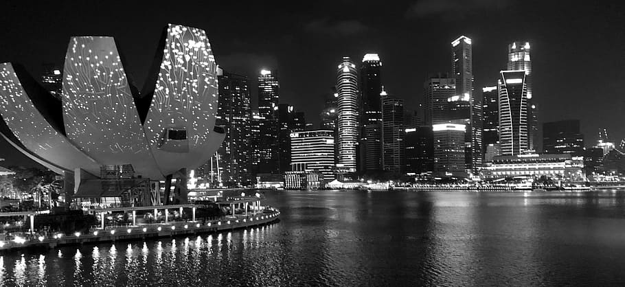 Singapur, horizonte, ciudad, paisaje urbano, fotografía en blanco y negro, exterior del edificio, arquitectura, iluminado, agua, estructura construida