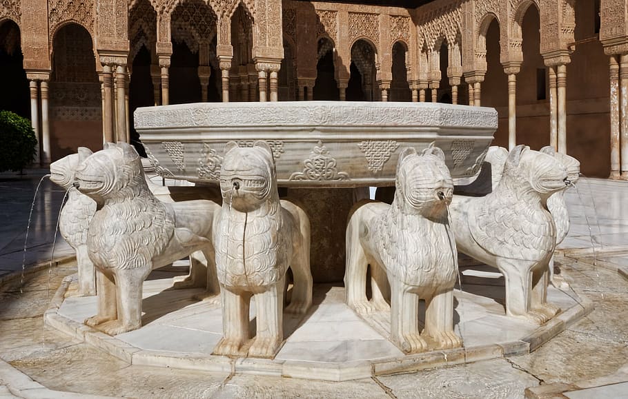 dog statues, lion fountain, alhambra, building, antique, granada, spain, world heritage, fortress, places of interest