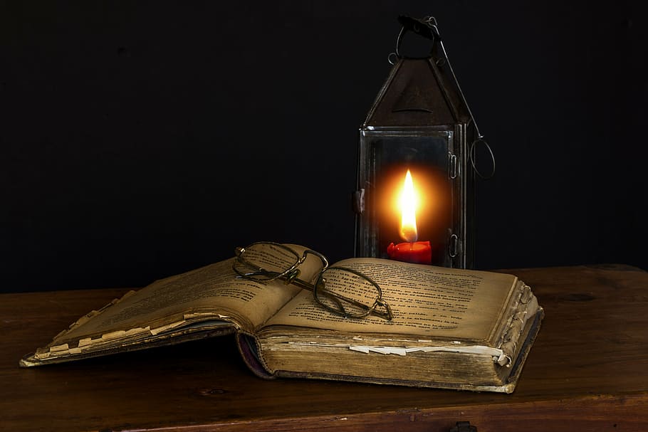 lighted, candle, books, eyeglasses, old books, book, old, reading, i am a student, read