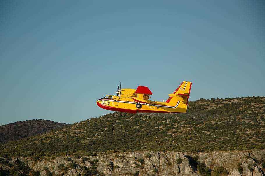 aircraft, seaplane, mission aircraft, fire fighting aircraft, delete, forest fire, save, yellow, fly, sky