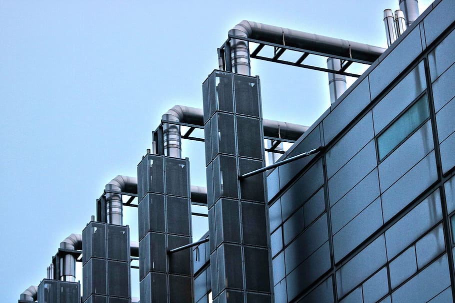 gray steel pipes, london, industrial, building, uk, design, business, factory, city, urban