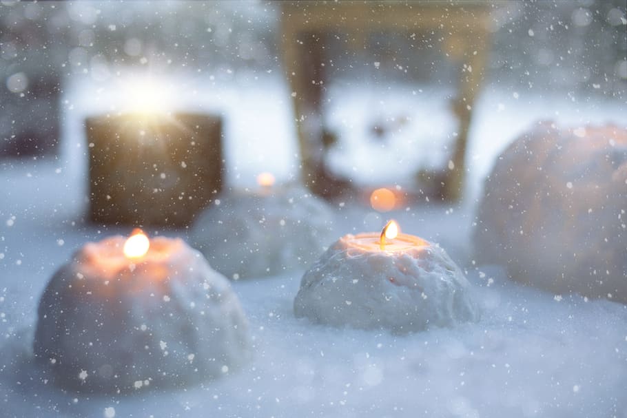 lighted, tealight, snow, winter, candles, snowballs, christmas, december, holiday, xmas