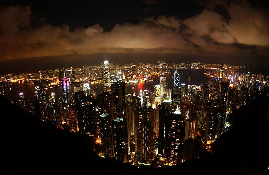 香港, スカイライン, 都市景観, 夕方, 空, 夕暮れ, ライト, 風景, ビュー, 港