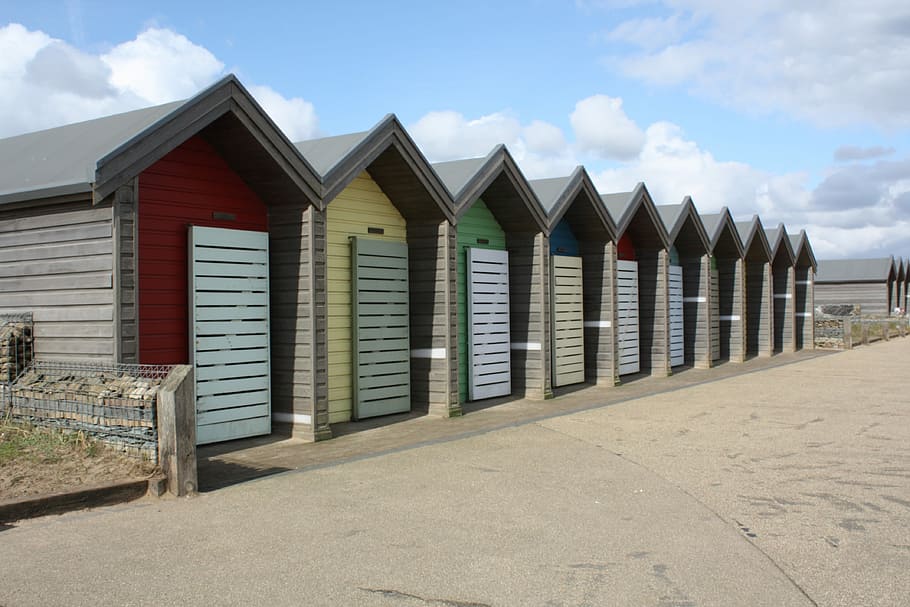 beach house, colourful, seaside, coast, sunny, landscape, bright, sky, hut, cabin