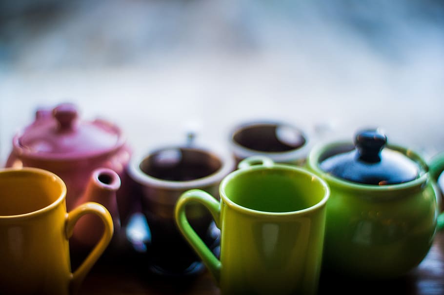 assorted-color, ceramic, teapots, cups, green, mug, tea cups, tea, pot, teapot