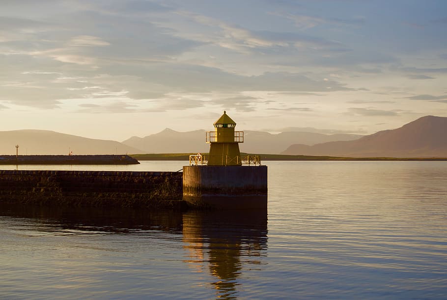 Harbor, Reykjavík, Light House, Sky, mountain, waterfront, water, architecture, reflection, built structure