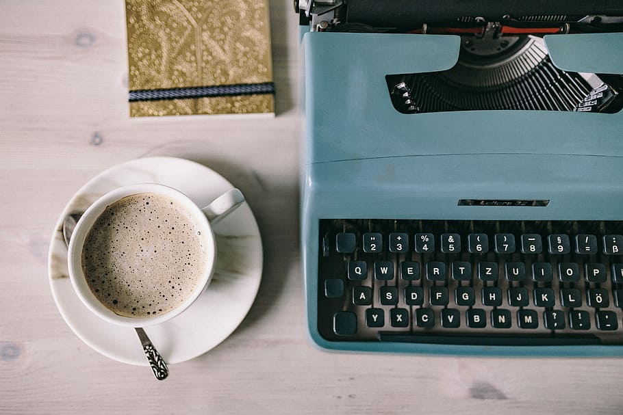 working, old, typewriter, rainy, day, rainy day, vintage, workspace, workplace, coffee
