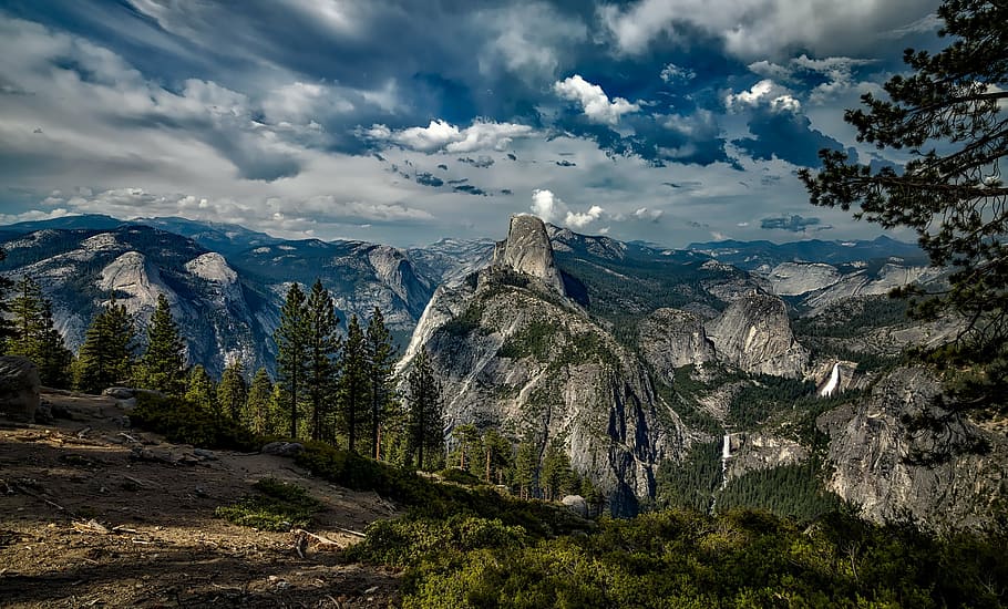 gray, high, mountain, surrounded, tree, yosemite, national park, landscape, california, mountains