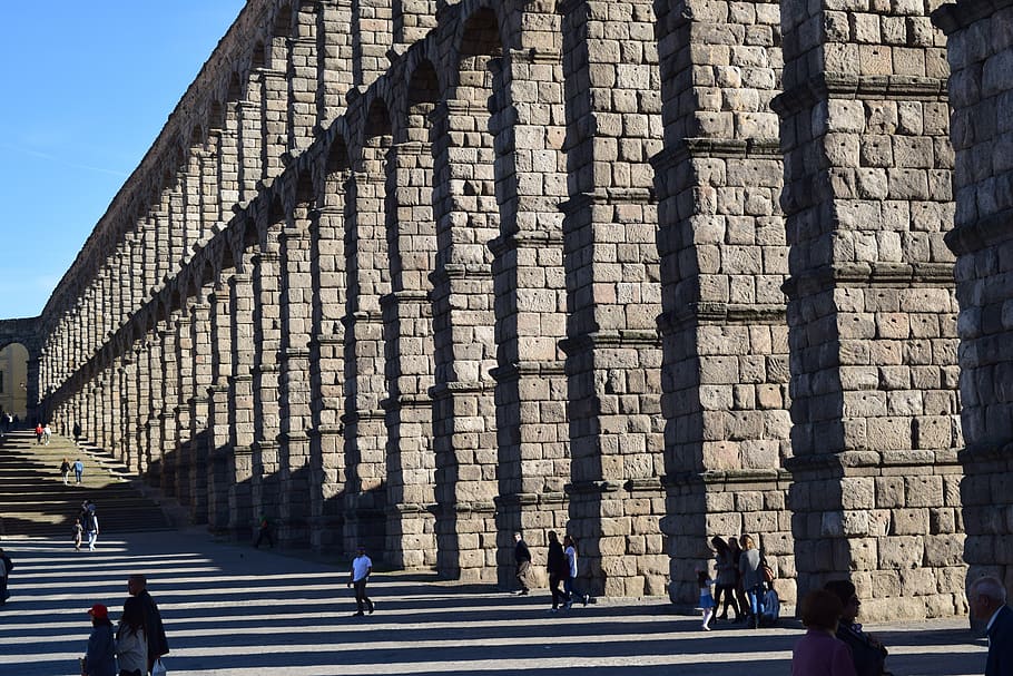 aqueduct segovia, structure, monument, spain, aqueduct, roman, segovia, shadows, of course, symmetric