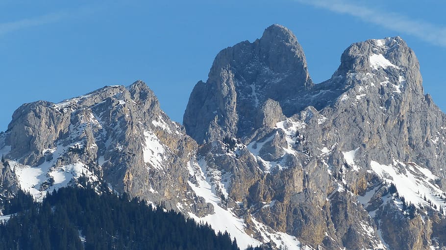 brown, grey, rock mountain, snow, Tyrol, Gimpel, tannheimertal, red flüh, winter, sky