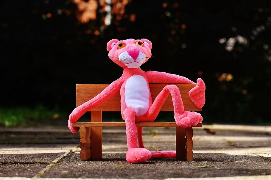 pink panther, bank, istirahat, duduk, figur, lucu, hewan, mewah, boneka binatang, representasi