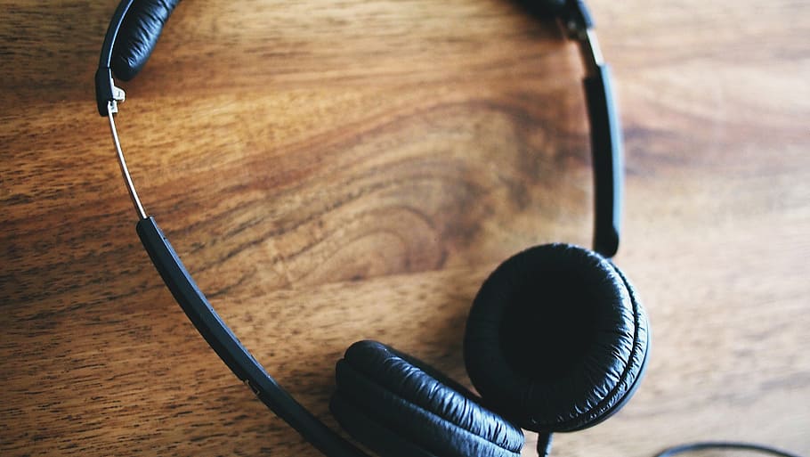 black headphones, black, corded, headphones, brown, wooden, panel, audio, technology, wood