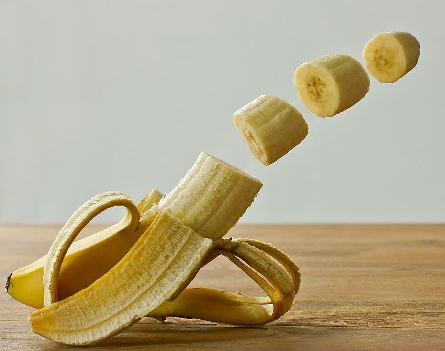 rodajas de plátano, plátano, fruta, manipulación, estudio, amarillo, saludable, comida, cáscara, delicioso