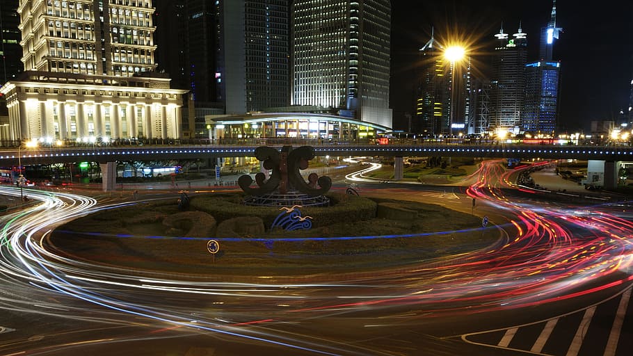timelapse photography, red, white, lights, crossing, road, building, nighttime, Shanghai, Pudong, Night View