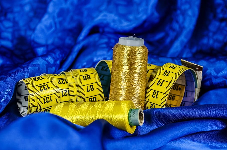 yellow, tape measures, spools, thread, blue, textile, sewing, cotton, material, tape