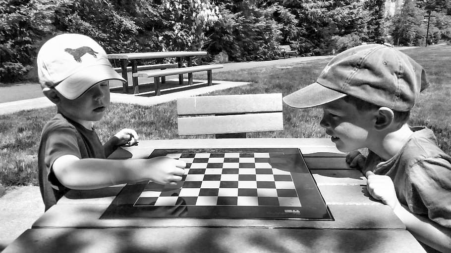 grayscale photo, two, playing, Sunny, Chess, Checkers, Boys, park, summer, seattle