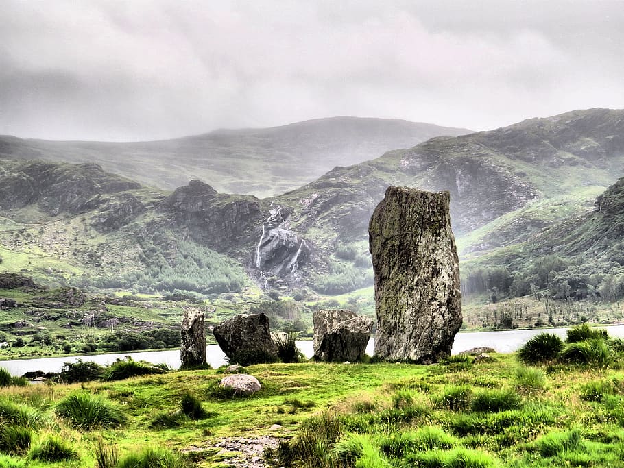 natureza, pedra em pé, lago, cachoeira, parque nacional, irlanda, celta, em pé, pedras, paisagem