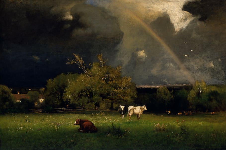 cow on grass, george inness, painting, oil on canvas, art, artistic, artistry, sky, clouds, trees