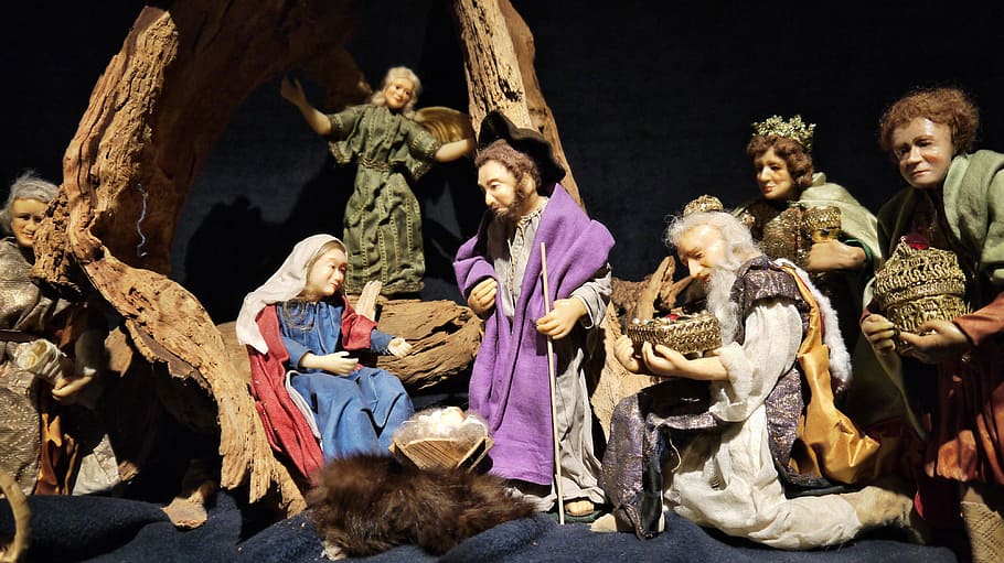 nativity scene, religion, art, hl, family, group of people, sitting, women, men, performance
