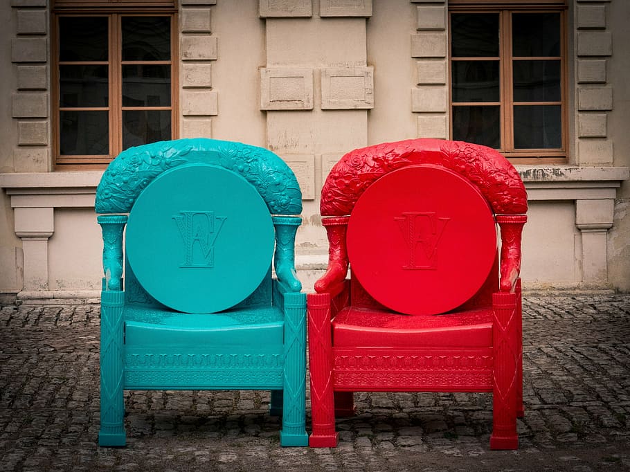 chair, red, turquoise, seat, plastic, artificial, exhibition, building exterior, built structure, architecture