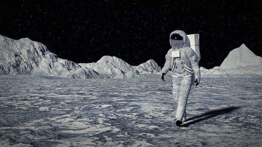 astronaut, standing, ground, moon, cosmos, cosmonaut, illustration, research, sun, air
