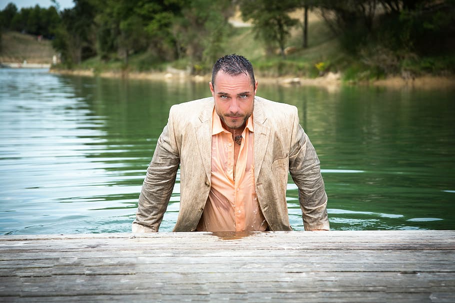 man, beige, notched, lapel suit, body, water, river, nature, holiday, relaxation