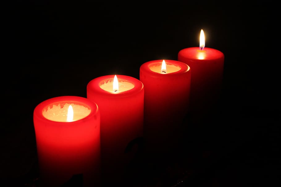 four red candles, candles, light, advent, christmas lights, darkness, candle, illuminated, burning, fire