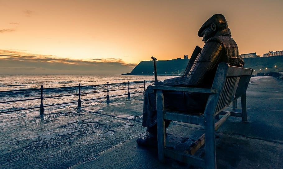 man, sitting, bench statue, seascape, sculpture, giant bench, scarborough, old man, sea, landscape
