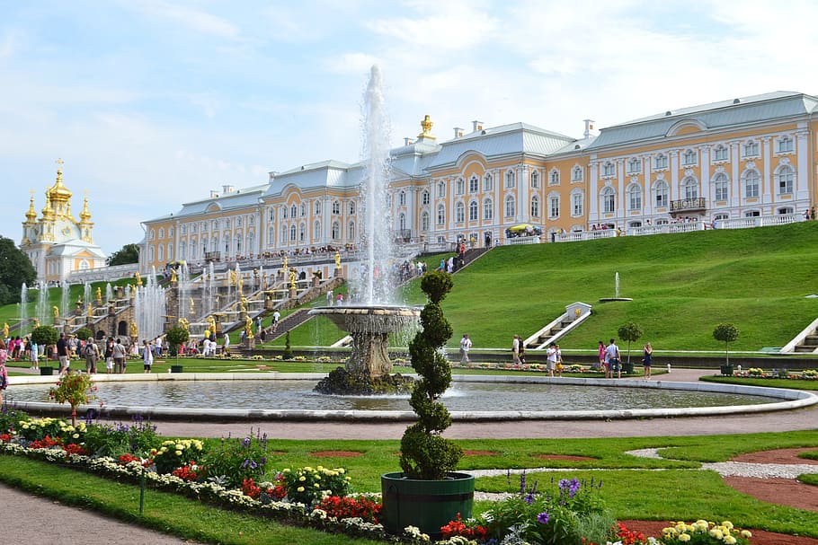 water fountain, people, standing, park, daytime, peterhof, russia, petrodvorets, palace, fountain