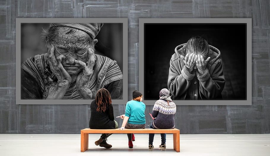 three, women, brown, wooden, bench, front, painting, gallery, images, despair