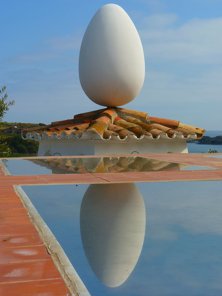 egg, roof, mirroring, dalí, portlligat museum, architecture, water, sky, nature, day