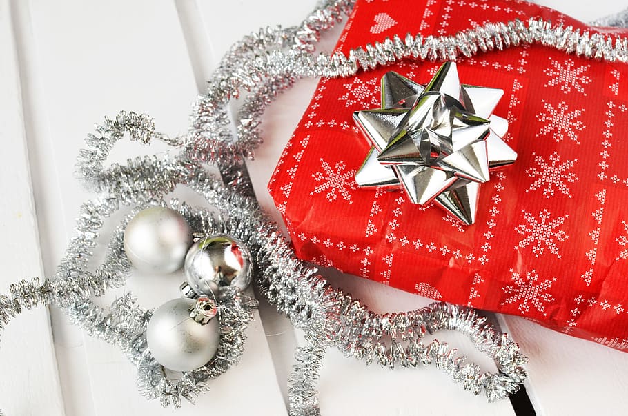 three, silver christmas baubles, gifts, presents, christmas, bow, ribbon, silver, celebration, christmas decoration